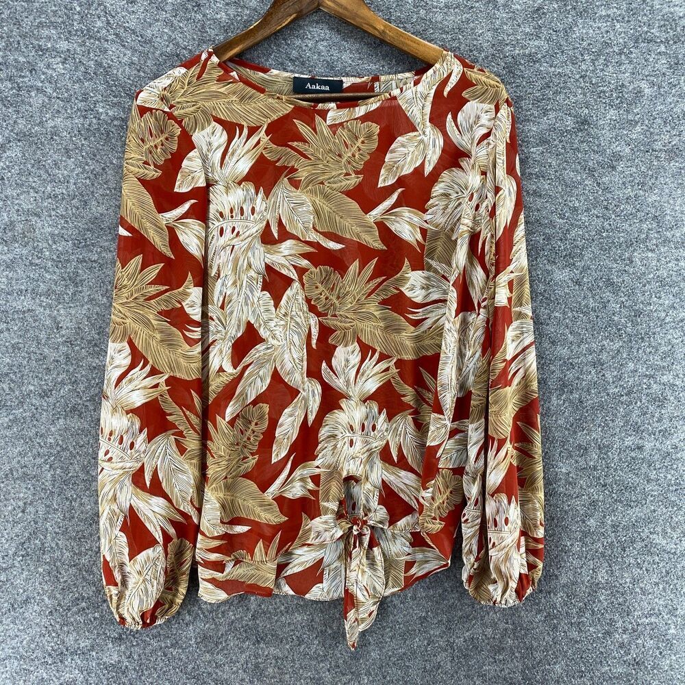 Aakaa Blouse Women S Small Red Floral Long Sleeve Round Neck Casual Pullover